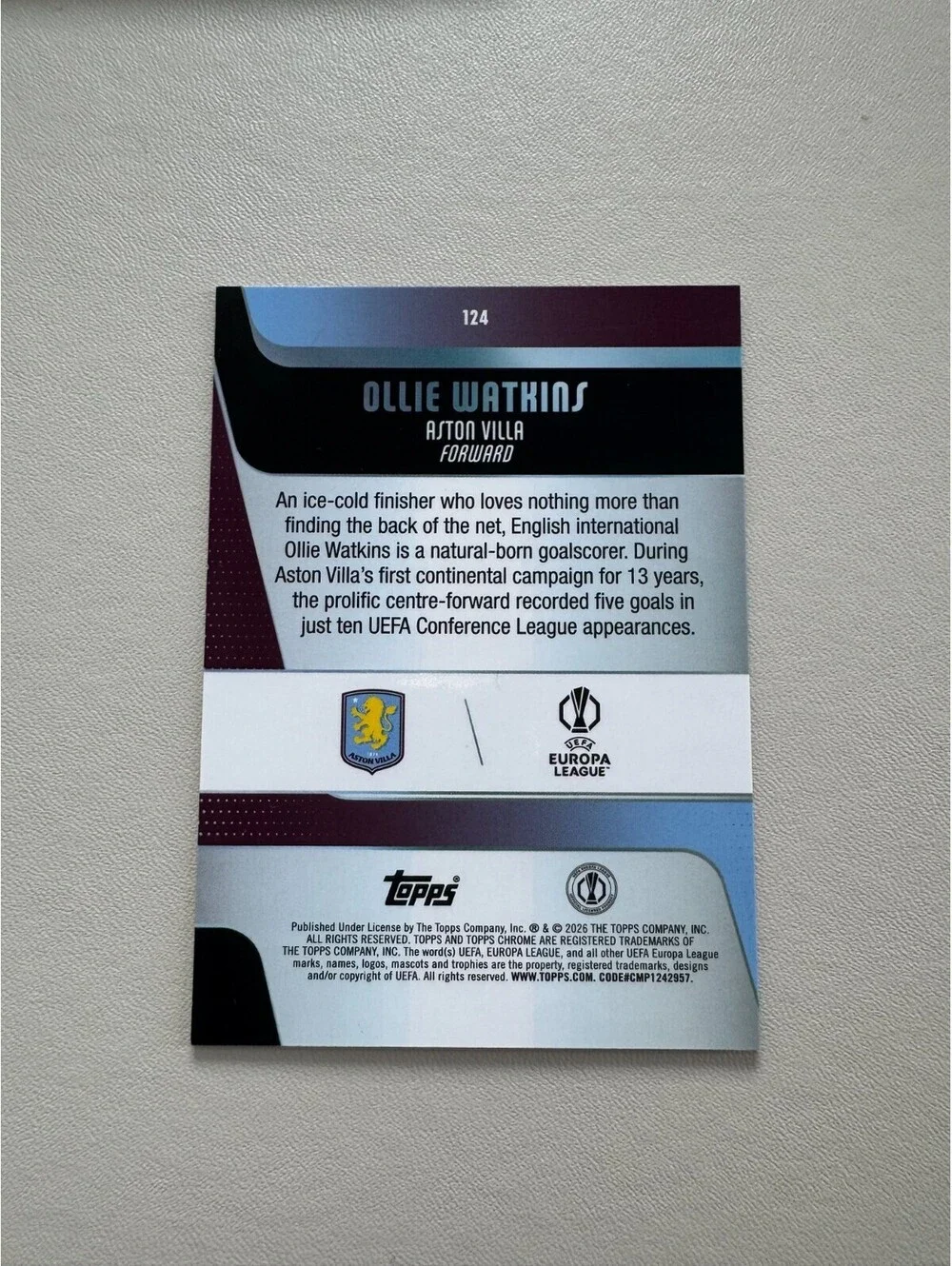 Topps Chrome 2026 UEFA Europa League Ollie Watkins Aston Villa Refractor #124 NM